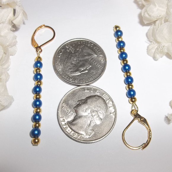 Blue and Gold Earrings, Blue Pearl Earrings, Blue Dangle Earrings, Earrings 7770 - Picture 3 of 8